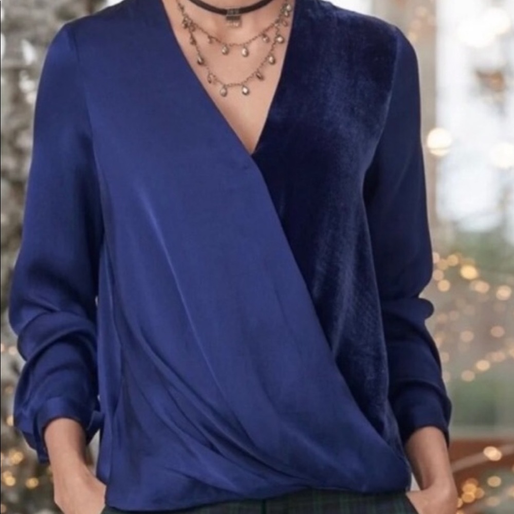 Sundance Blended Paths Navy Silk Velvet Faux Wrap Blouse